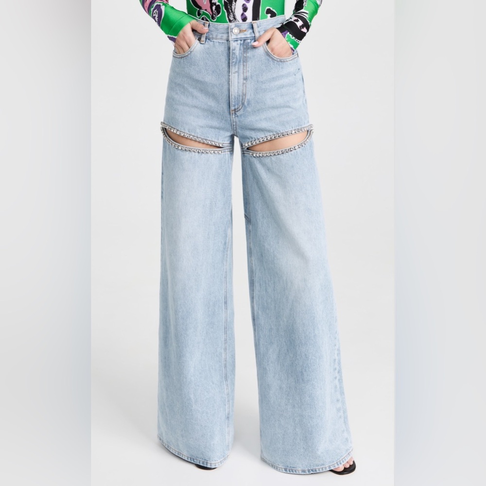 AREA Crystal Slit Wide Leg Jeans